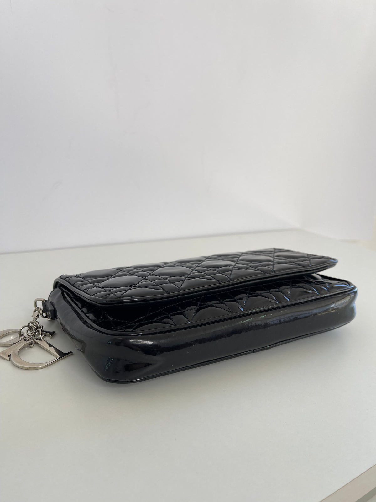 Christian Dior Cannage Wallet on Chain Black Patent Leather
