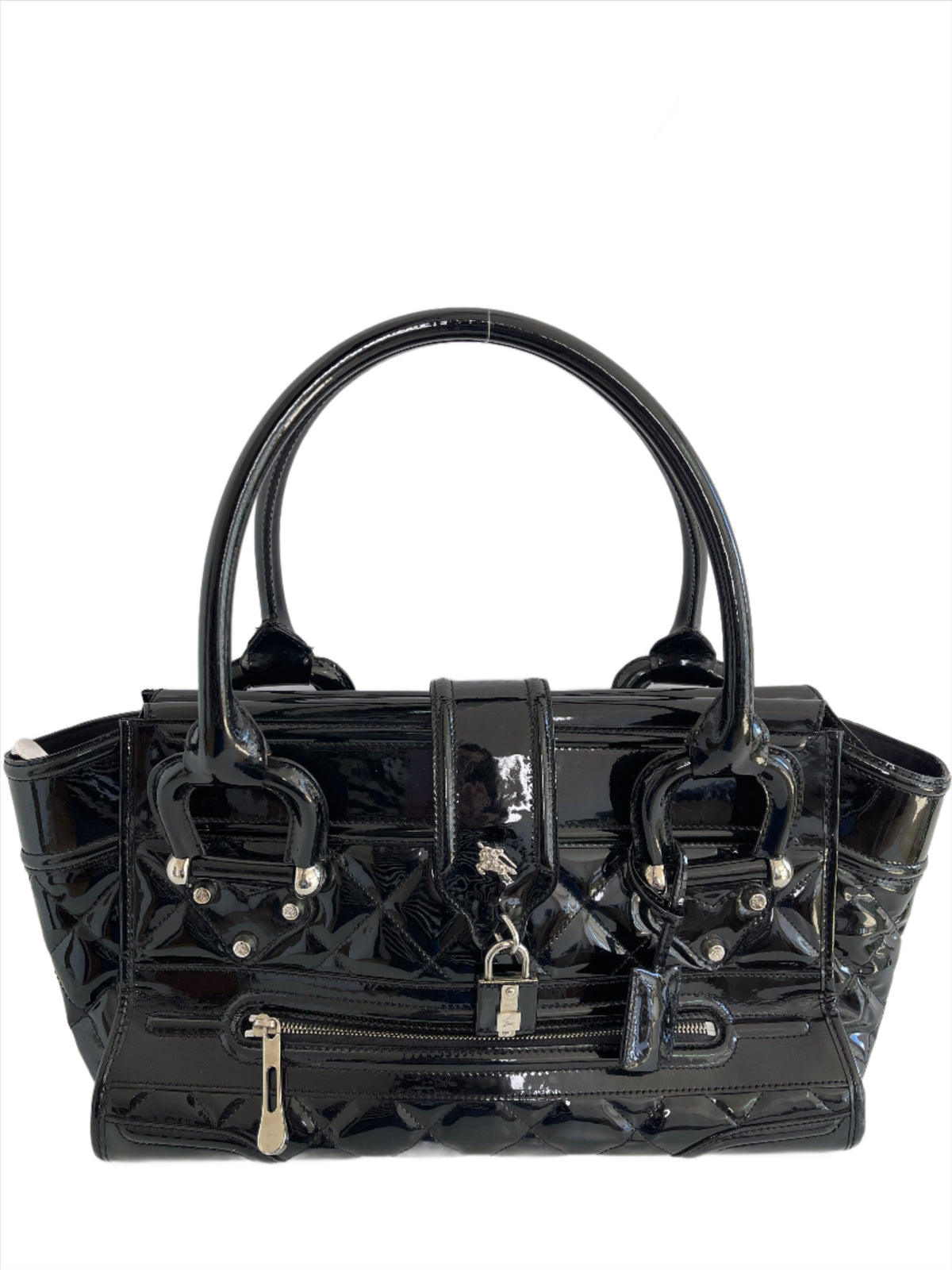 Burberry Black Quilted Patent Leather Manor Satchel