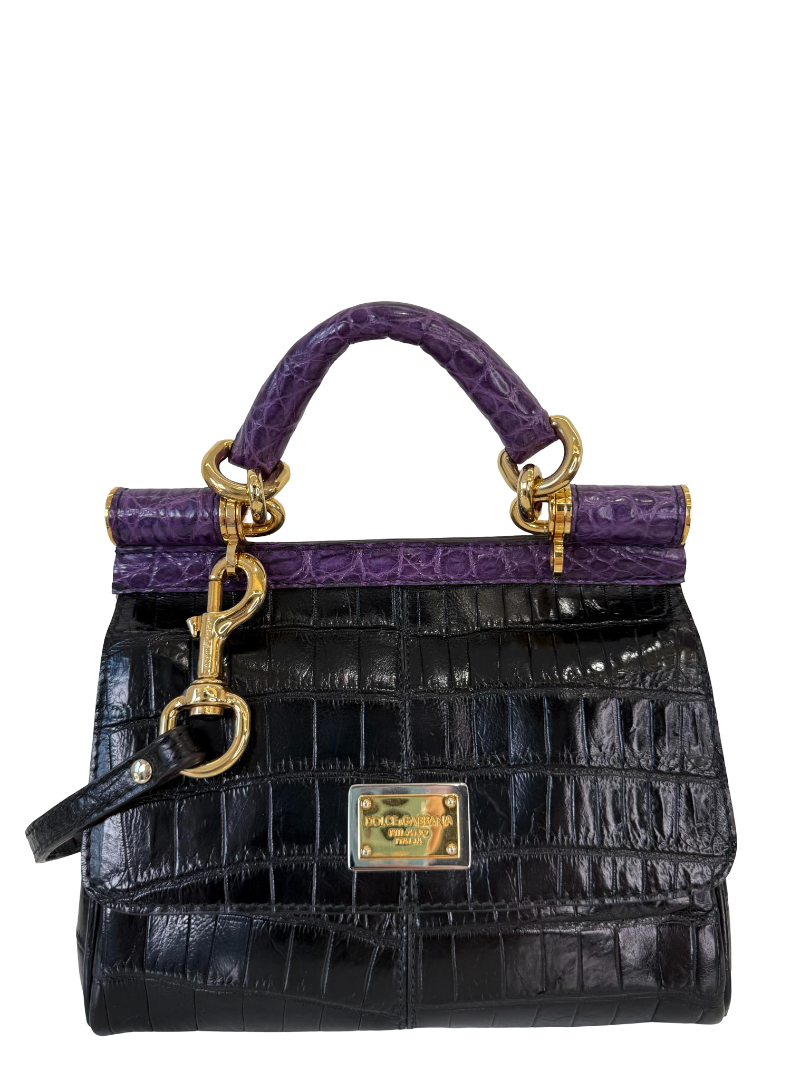 Dolce Gabbana Limited Edition Miss Sicily Small Black Crocodile Embossed Leather