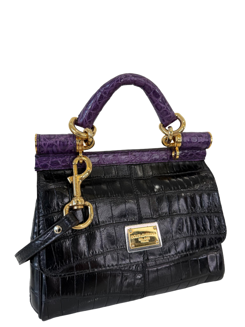 Dolce Gabbana Limited Edition Miss Sicily Small Black Crocodile Embossed Leather