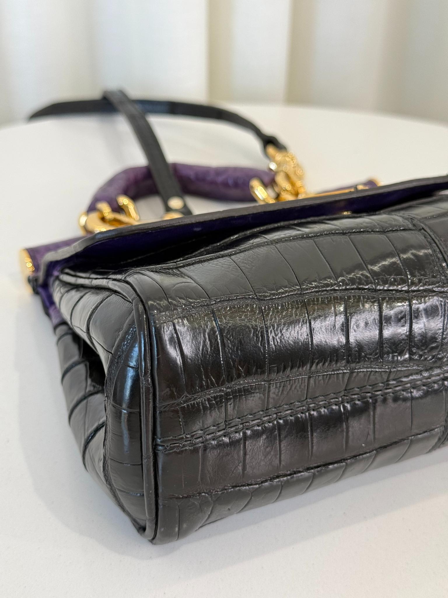 Dolce Gabbana Limited Edition Miss Sicily Small Black Crocodile Embossed Leather