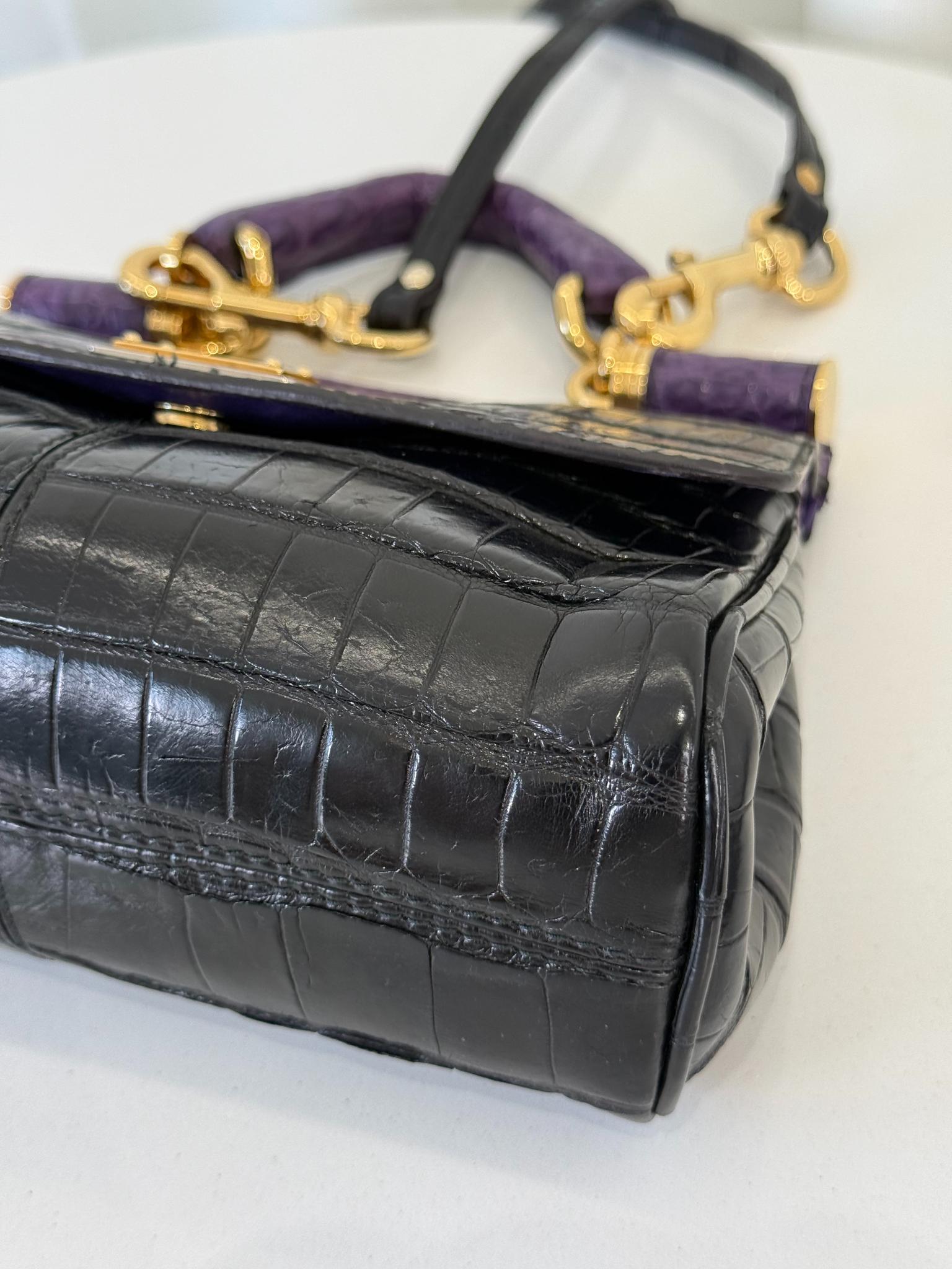 Dolce Gabbana Limited Edition Miss Sicily Small Black Crocodile Embossed Leather