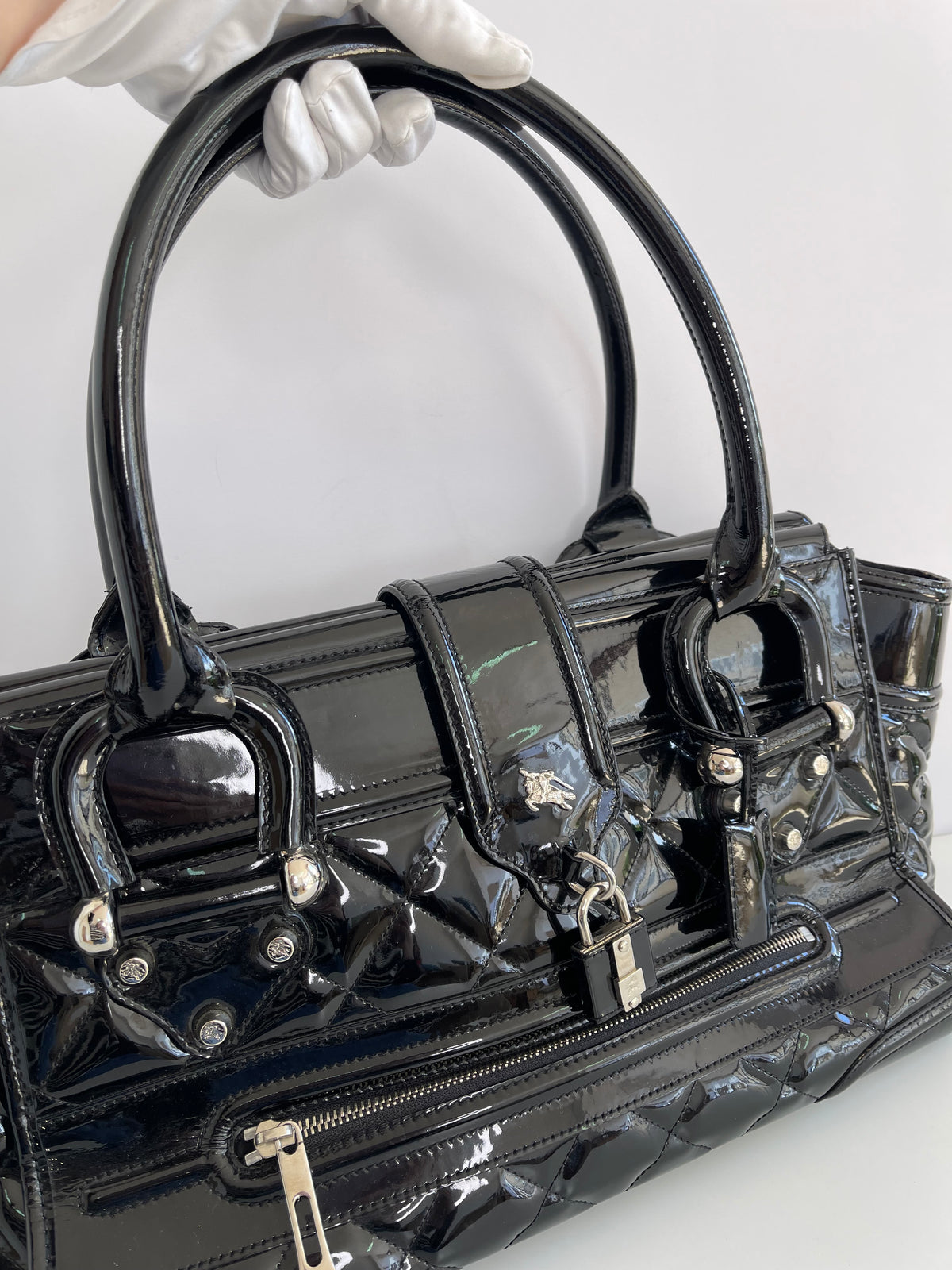Burberry Black Quilted Patent Leather Manor Satchel