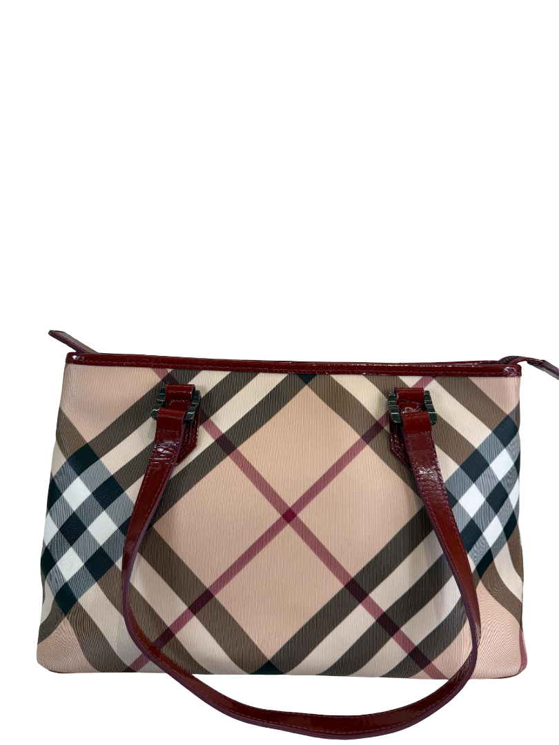 Burberry Burgundy Patent Leather Supernova Check Coated Canvas Nickie Tote Bag