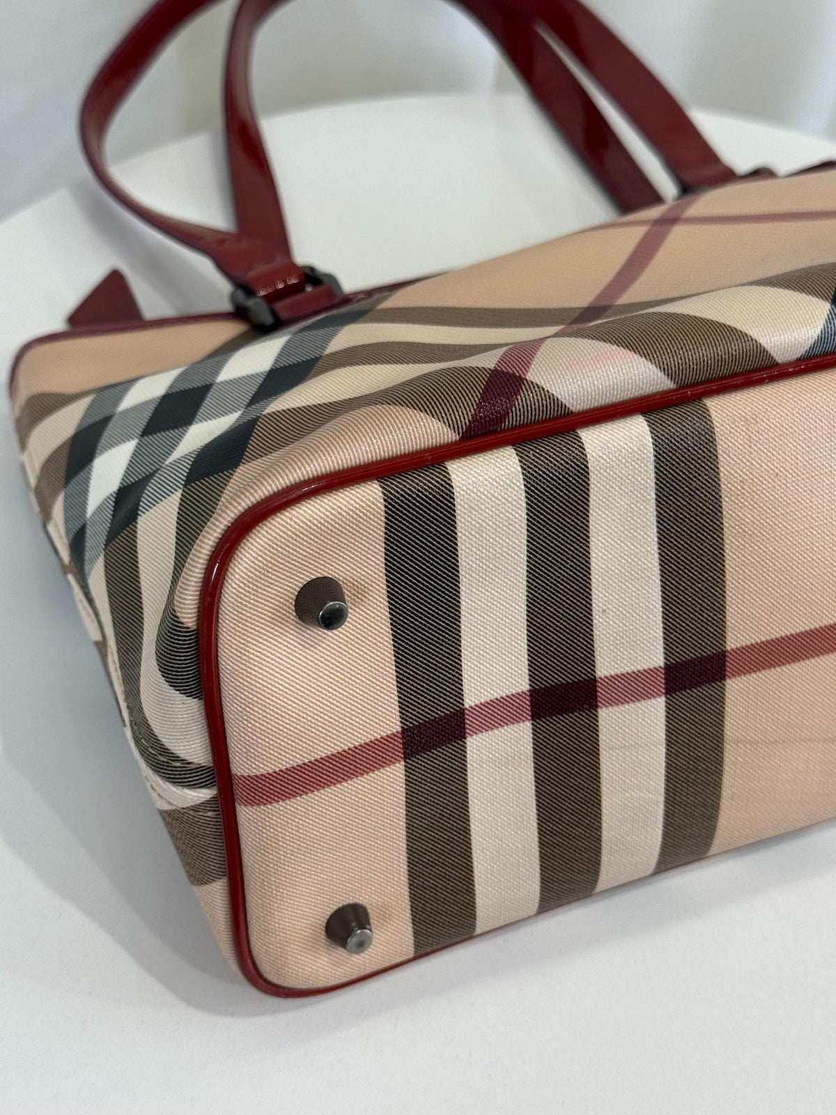 Burberry Burgundy Patent Leather Supernova Check Coated Canvas Nickie Tote Bag