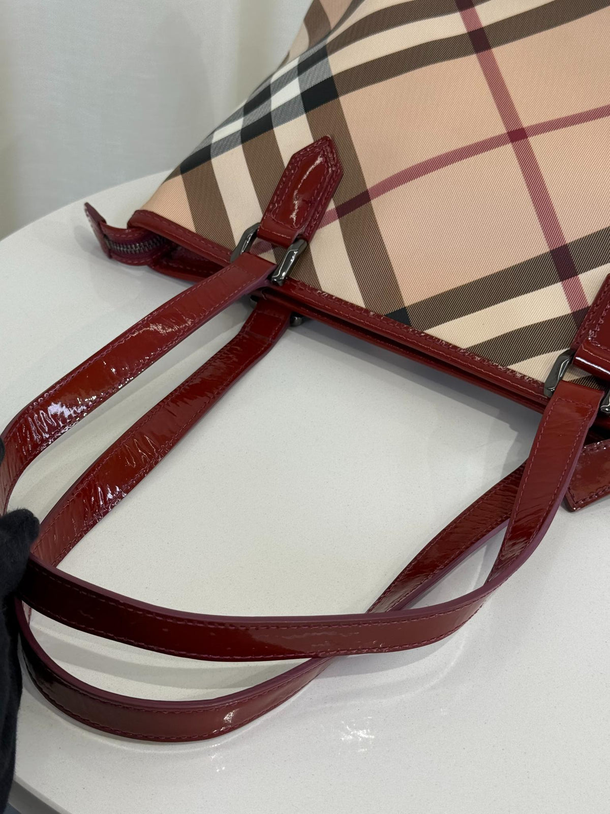 Burberry Burgundy Patent Leather Supernova Check Coated Canvas Nickie Tote Bag