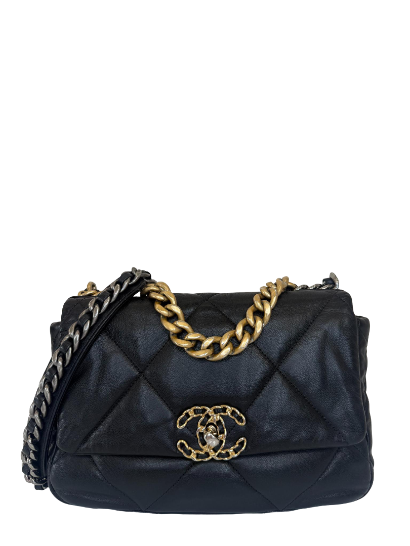 Chanel 19 Small Black Goatskin Quilted Leather Flap Bag