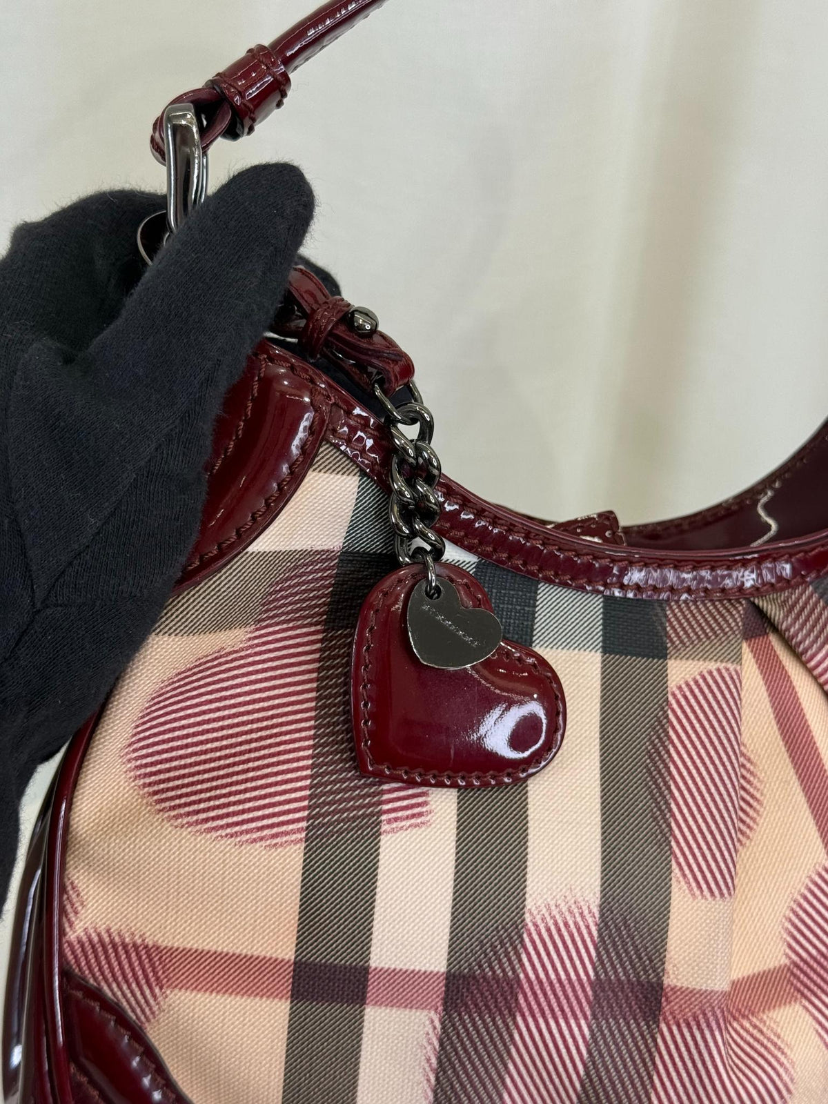 Burberry Burgundy Nova Check Heart Hobo Bag