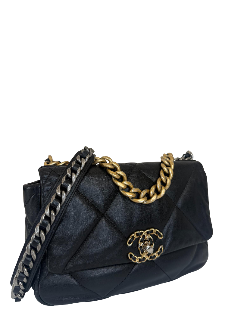 Chanel 19 Small Black Goatskin Quilted Leather Flap Bag