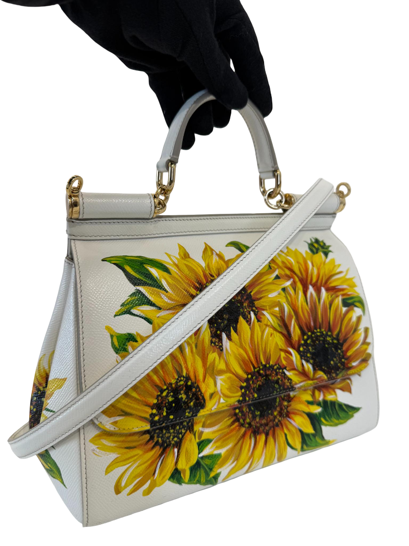 Dolce Gabbana White Sunflower Print Medium Miss Sicily Top Handle Bag