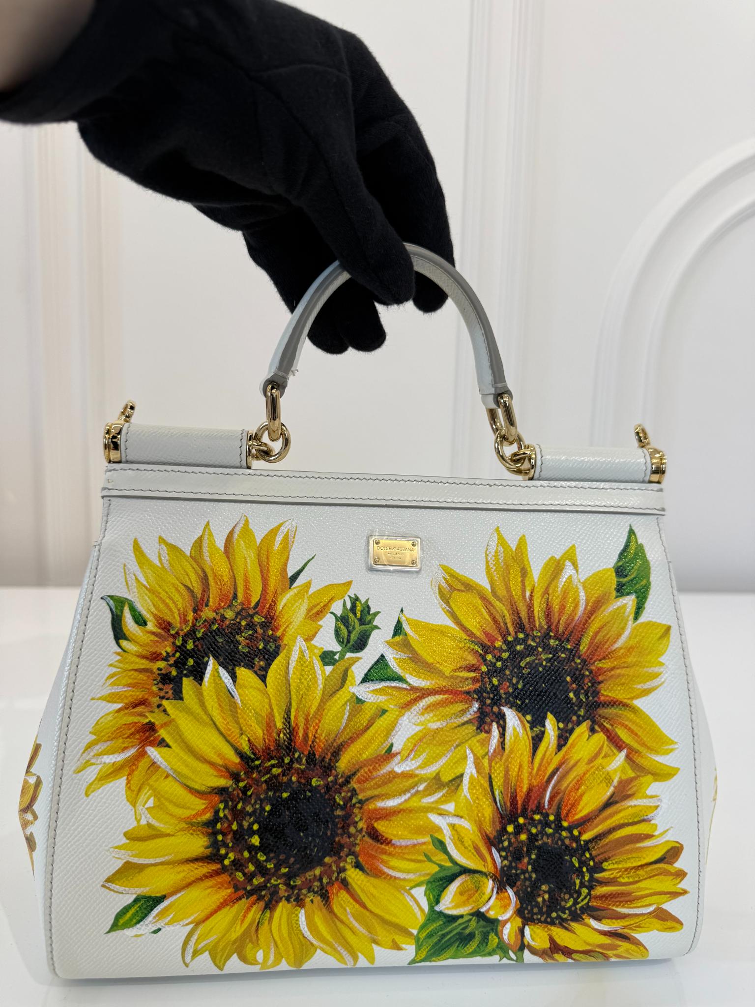 Dolce Gabbana White Sunflower Print Medium Miss Sicily Top Handle Bag