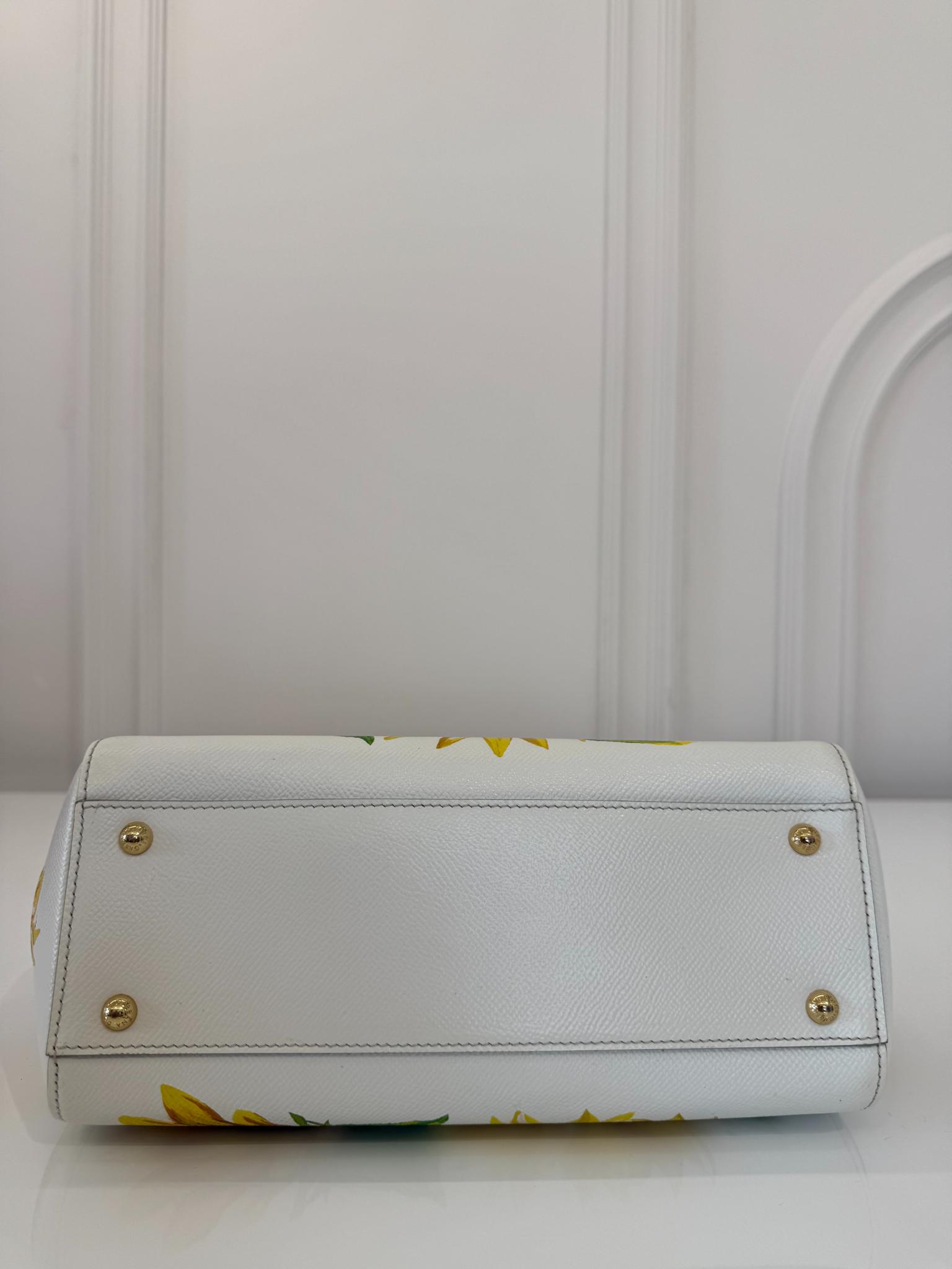 Dolce Gabbana White Sunflower Print Medium Miss Sicily Top Handle Bag
