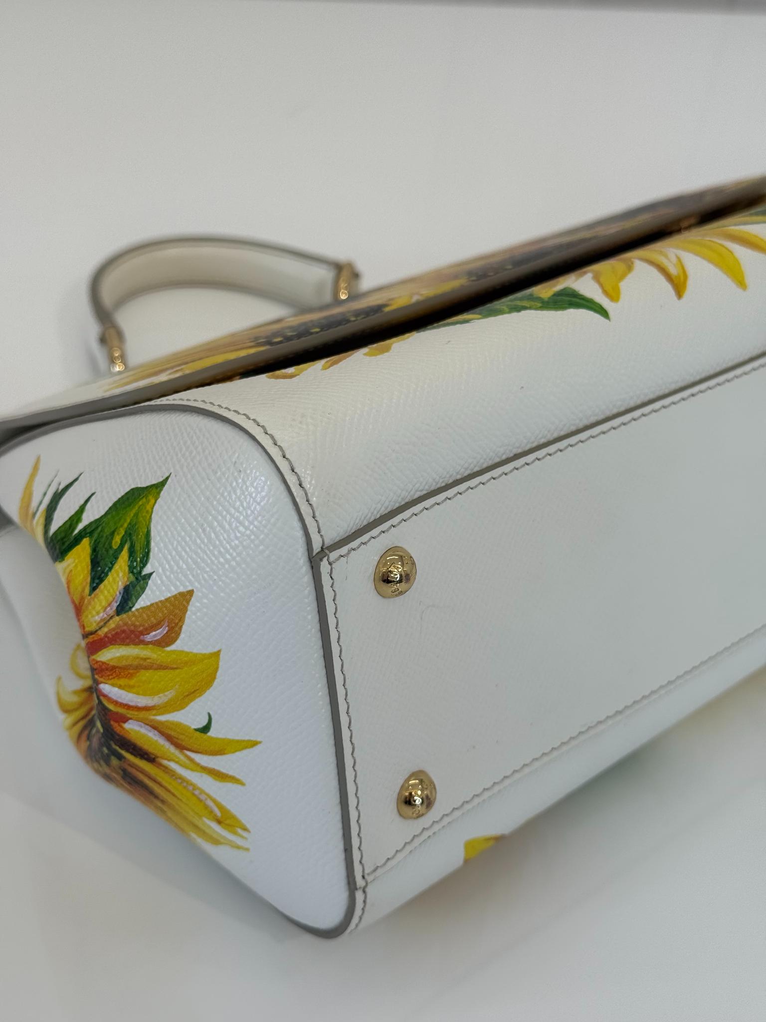 Dolce Gabbana White Sunflower Print Medium Miss Sicily Top Handle Bag