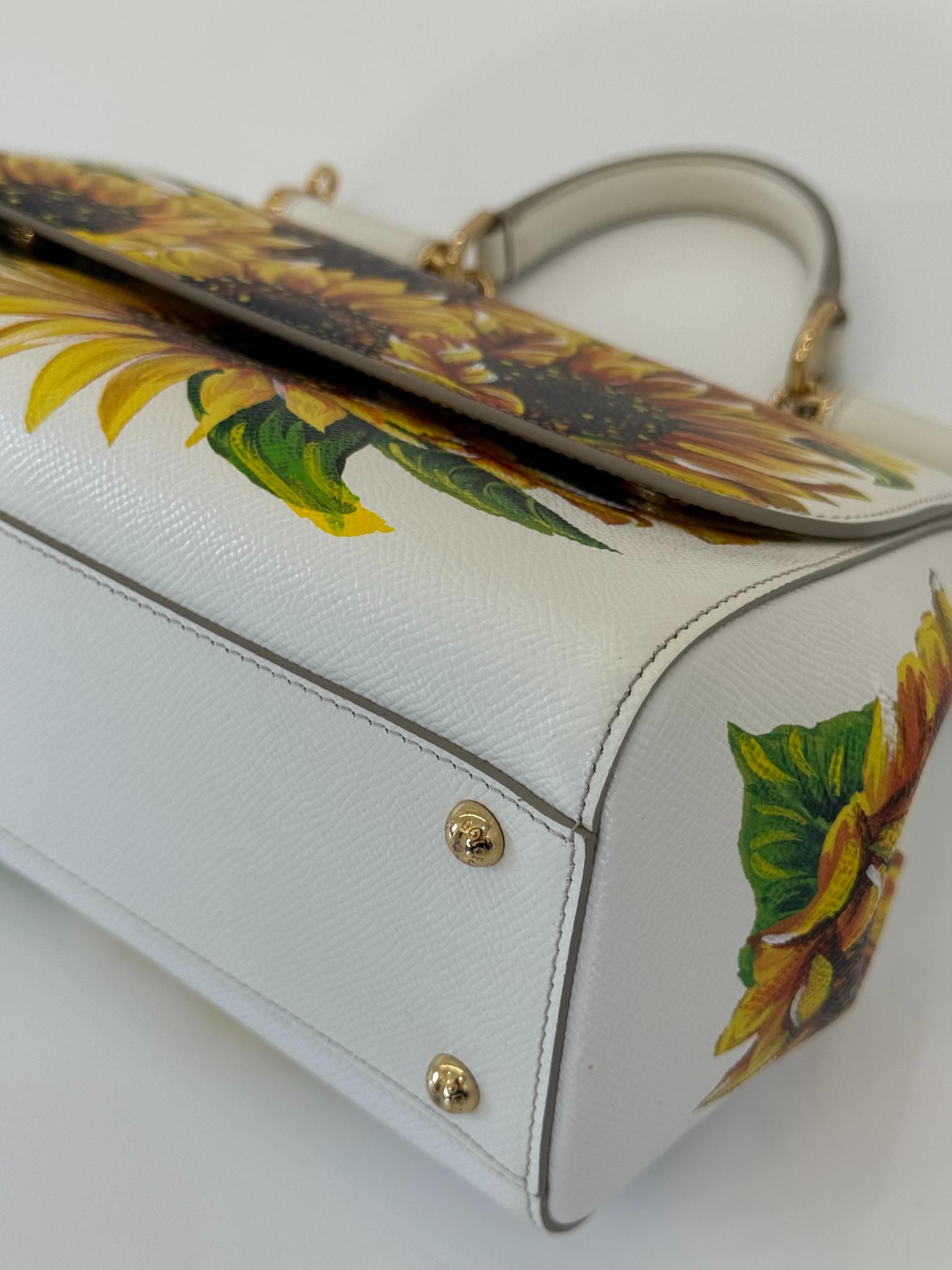 Dolce Gabbana White Sunflower Print Medium Miss Sicily Top Handle Bag