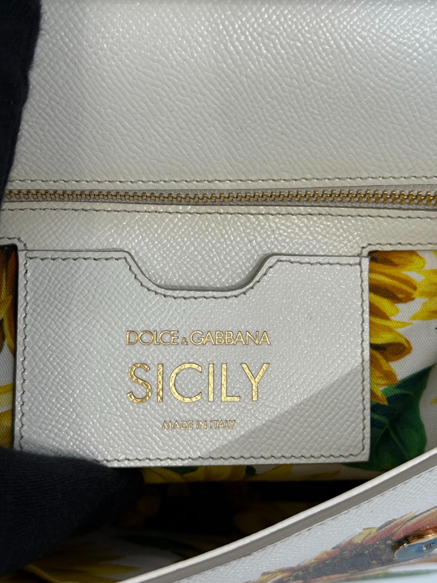 Dolce Gabbana White Sunflower Print Medium Miss Sicily Top Handle Bag
