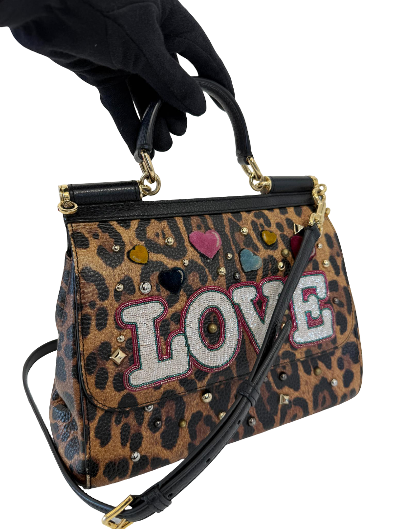 Dolce Gabbana Medium Miss Sicily Leopard Print LOVE Embellished