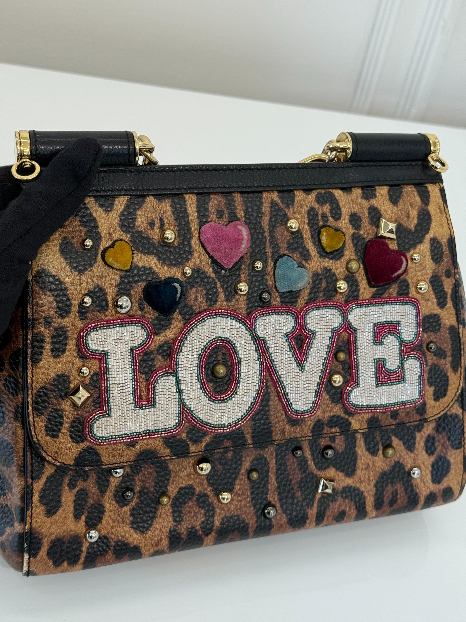 Dolce Gabbana Medium Miss Sicily Leopard Print LOVE Embellished