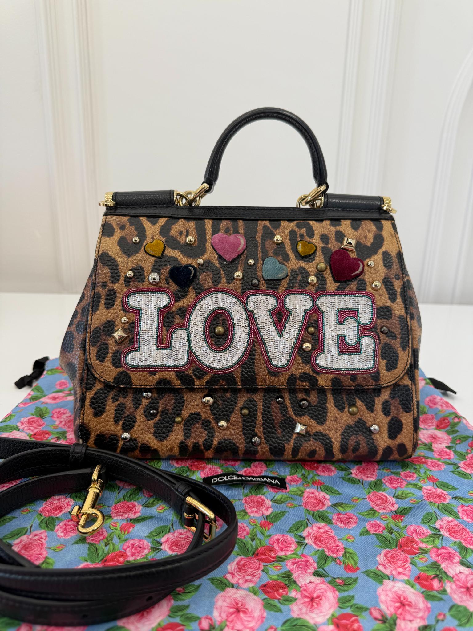 Dolce Gabbana Medium Miss Sicily Leopard Print LOVE Embellished