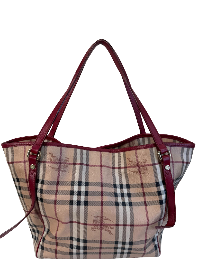 Burberry Red Leather Haymarket Check Coated Canvas Canterbury Tote Bag