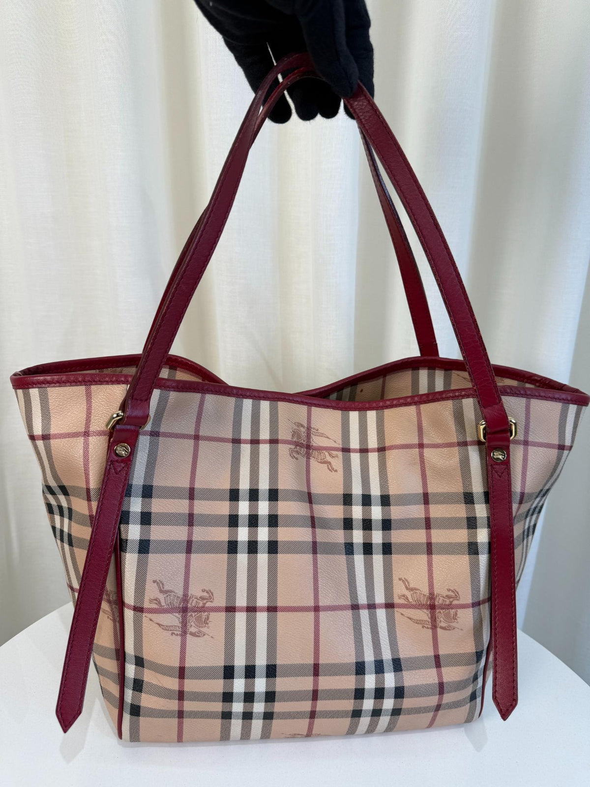 Burberry Red Leather Haymarket Check Coated Canvas Canterbury Tote Bag