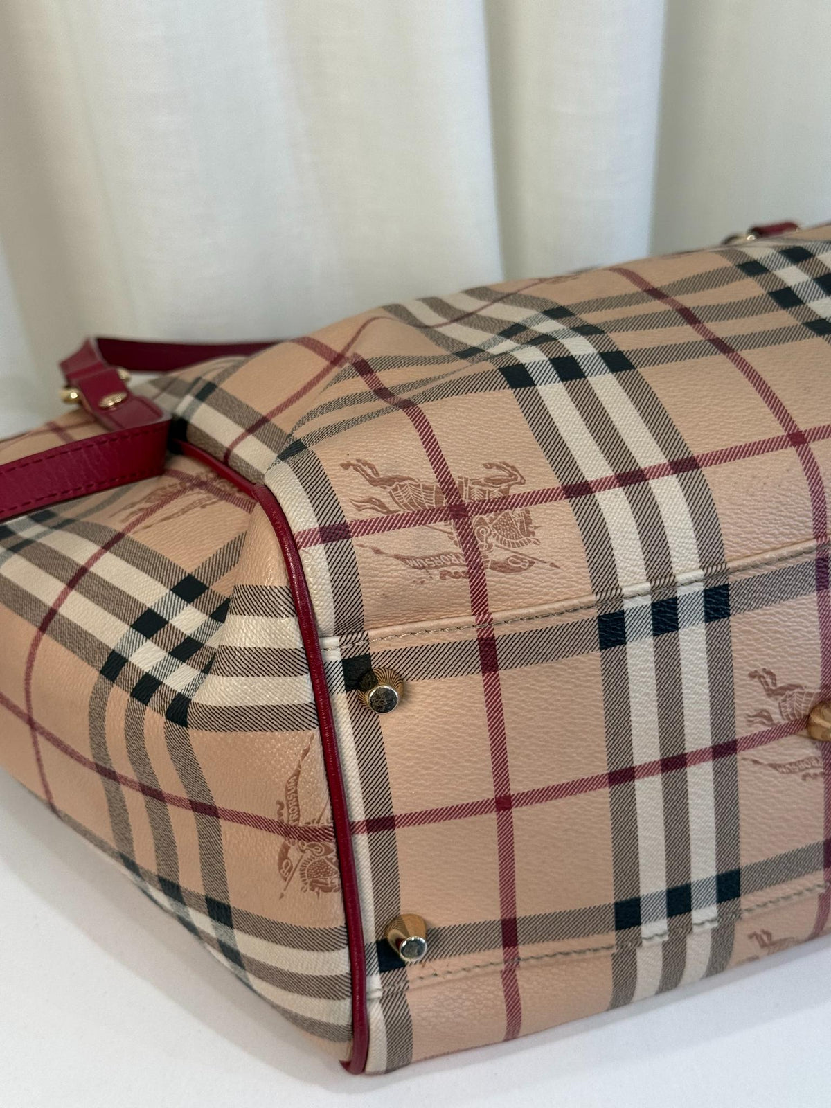 Burberry Red Leather Haymarket Check Coated Canvas Canterbury Tote Bag
