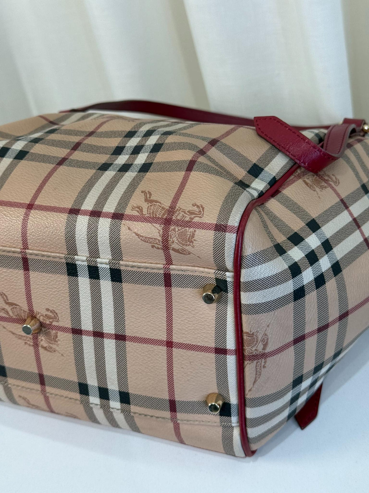 Burberry Red Leather Haymarket Check Coated Canvas Canterbury Tote Bag