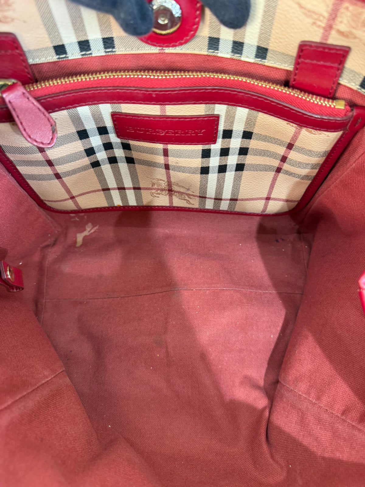 Burberry Red Leather Haymarket Check Coated Canvas Canterbury Tote Bag