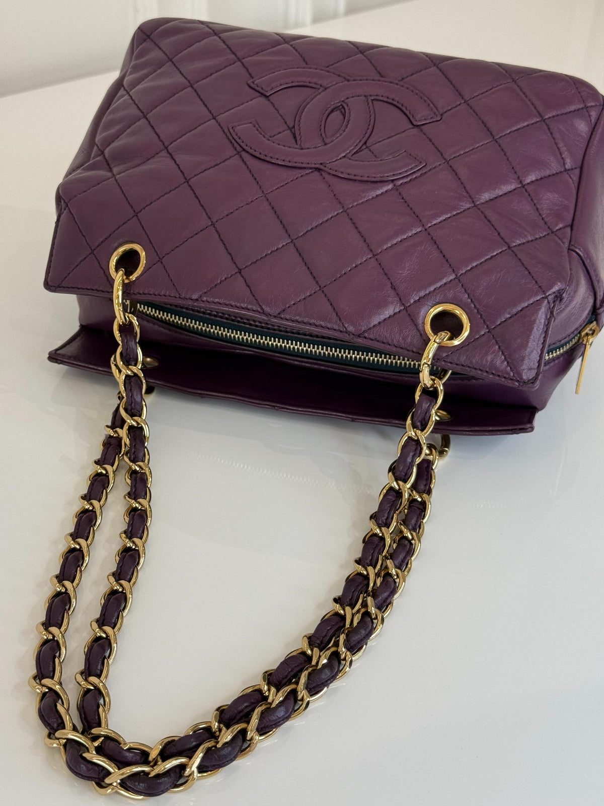 Chanel Purple Quilted Lambskin Leather Petite Shopping Bag