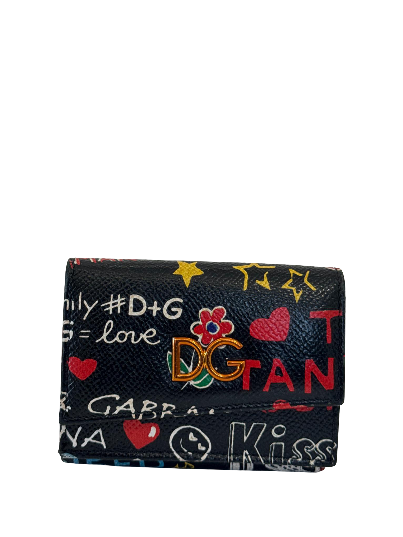 Dolce Gabbana Black Graffiti-print Leather Tri-fold Wallet