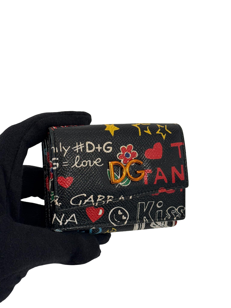 Dolce Gabbana Black Graffiti-print Leather Tri-fold Wallet
