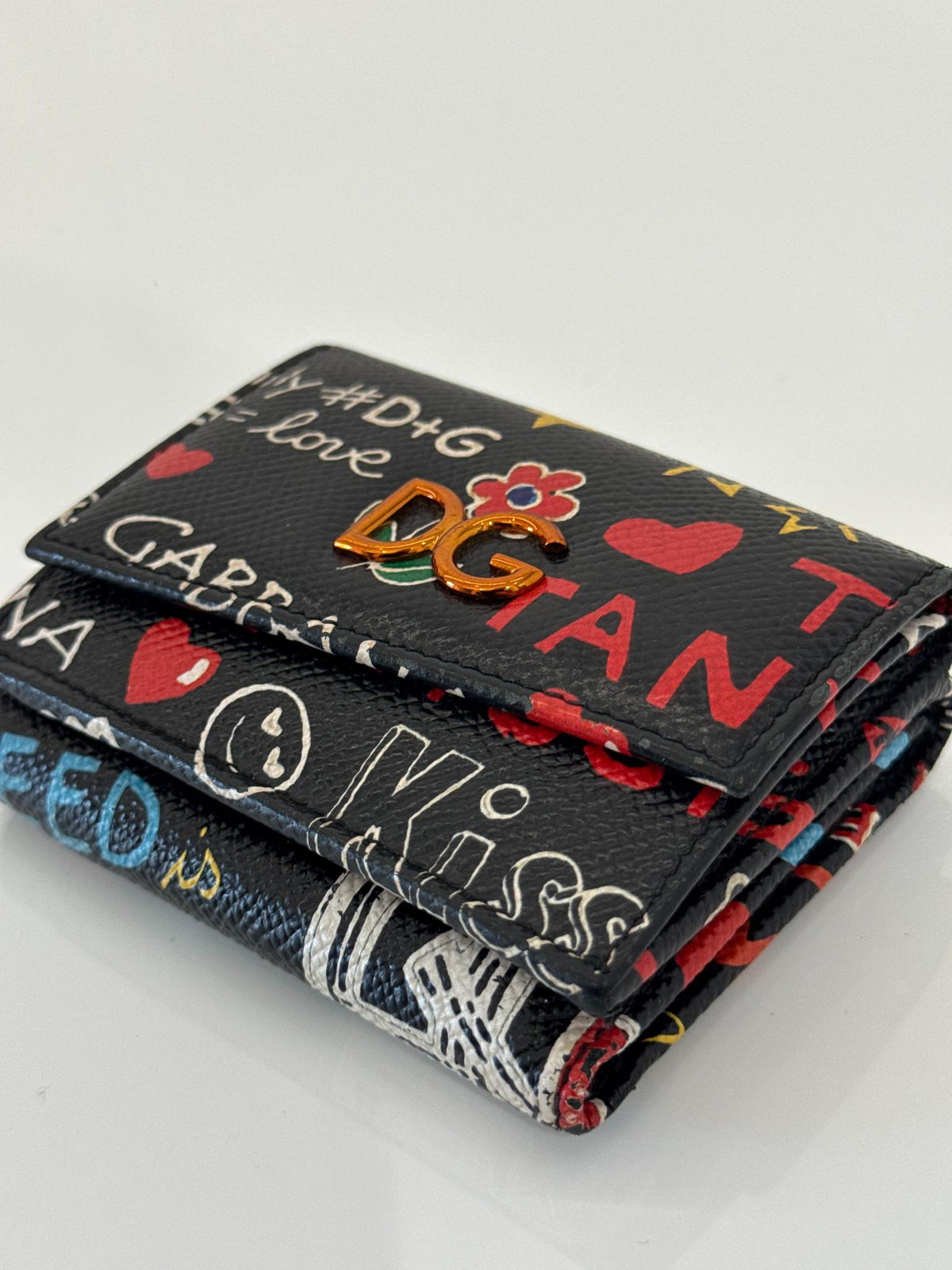 Dolce Gabbana Black Graffiti-print Leather Tri-fold Wallet