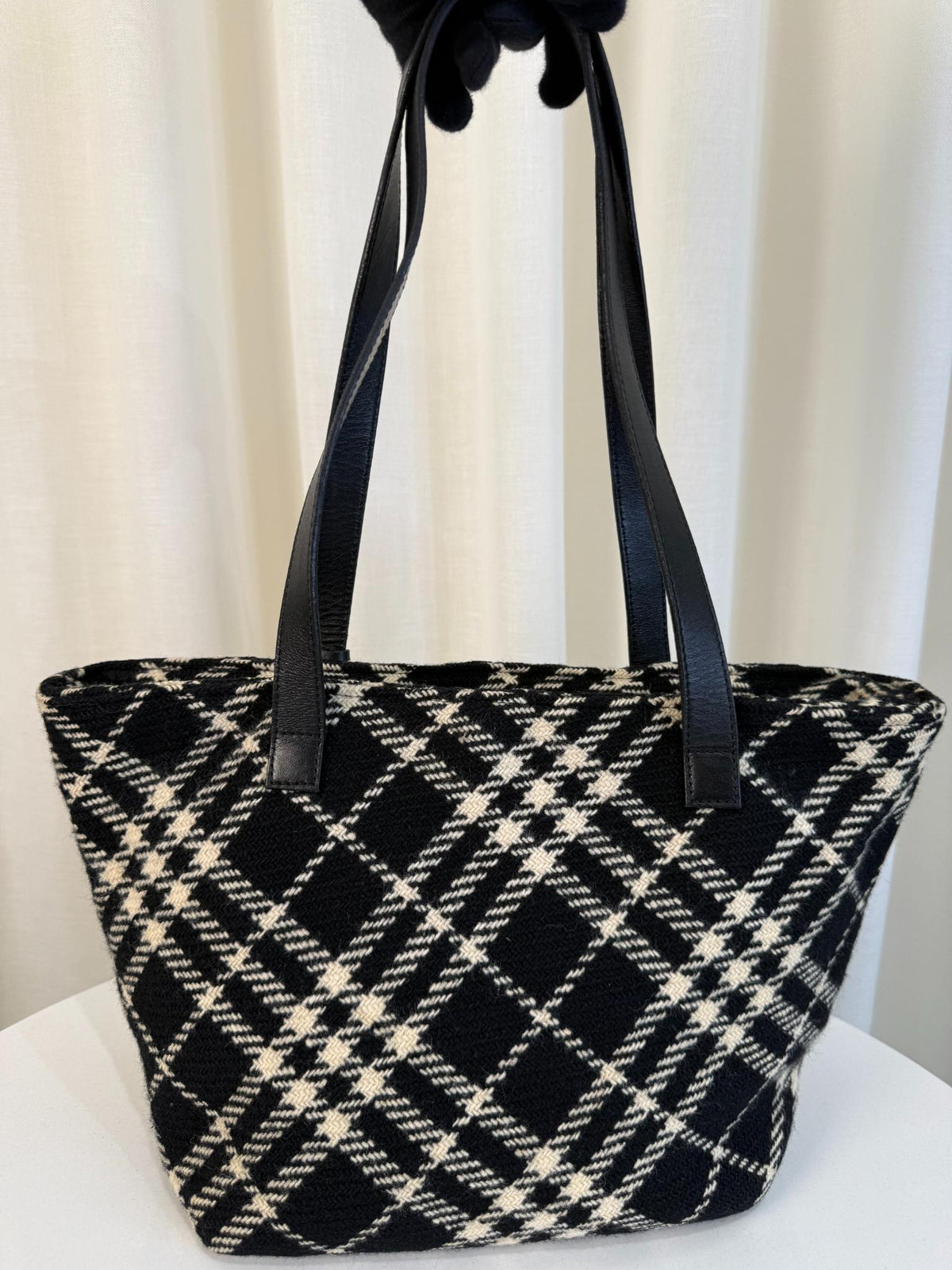 Burberry Black/White Plaid Wool Mini Tote Bag