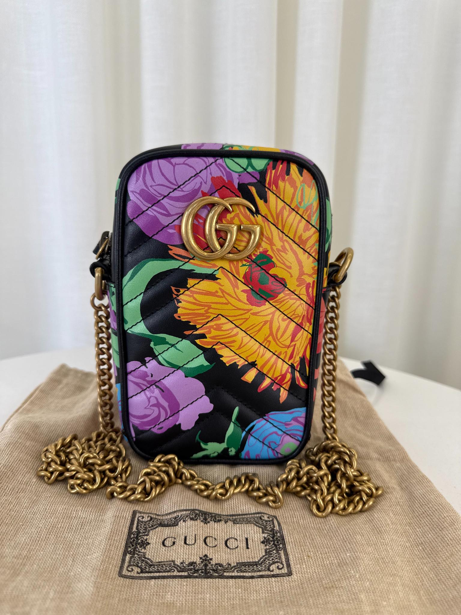 Gucci x Ken Scott Limited Edition Floral GG Marmont Vertical Phone Crossbody Bag