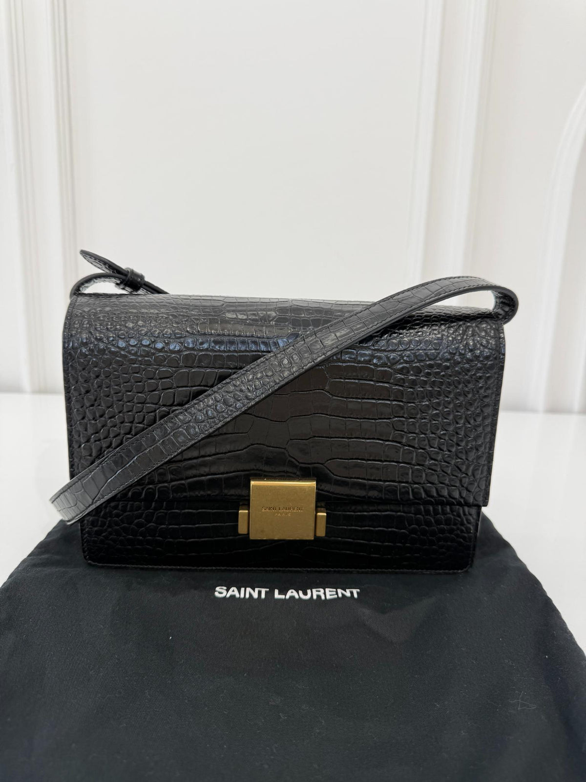 Saint Laurent Bellechasse Medium Croc Embossed Crossbody Bag