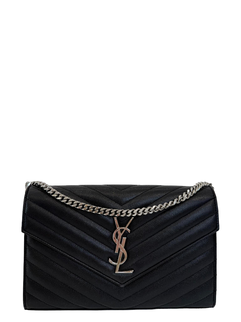 Saint Laurent Cassandre Envelope Black Grain De Poudre Leather Wallet on Chain