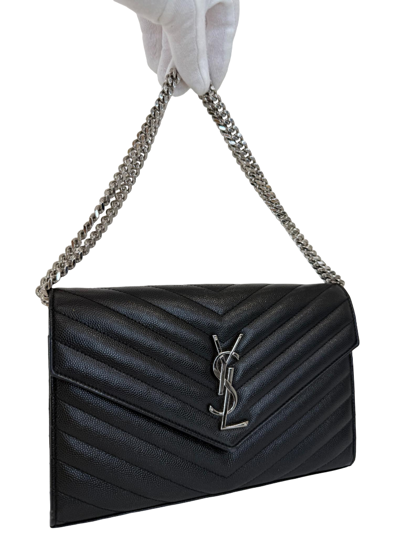 Saint Laurent Cassandre Envelope Black Grain De Poudre Leather Wallet on Chain