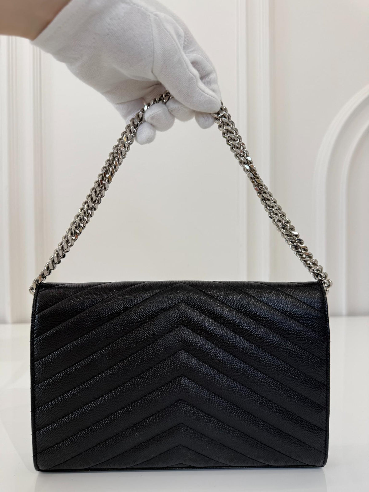 Saint Laurent Cassandre Envelope Black Grain De Poudre Leather Wallet on Chain