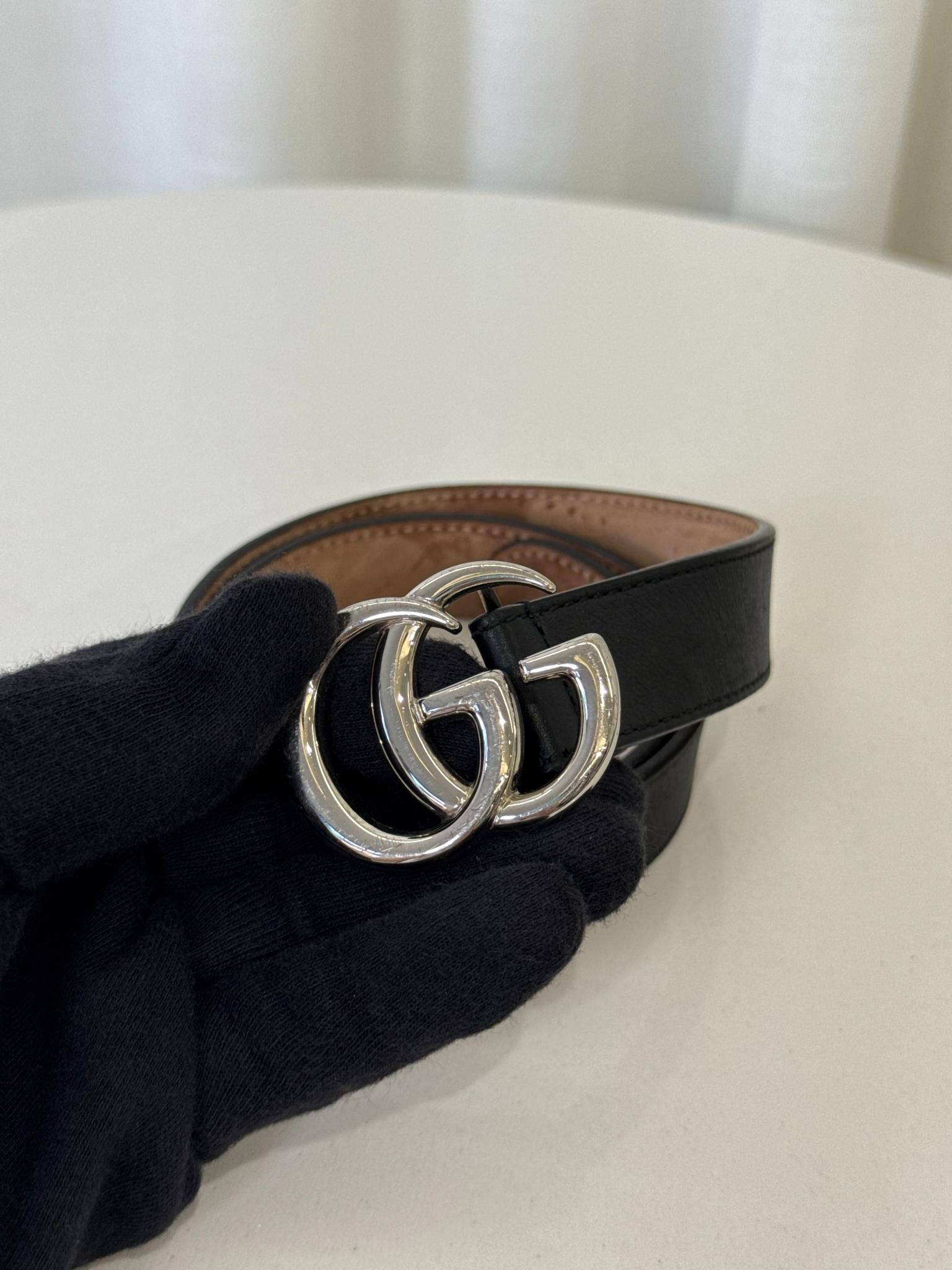 Gucci Kids Silver GG Marmont Black Belt