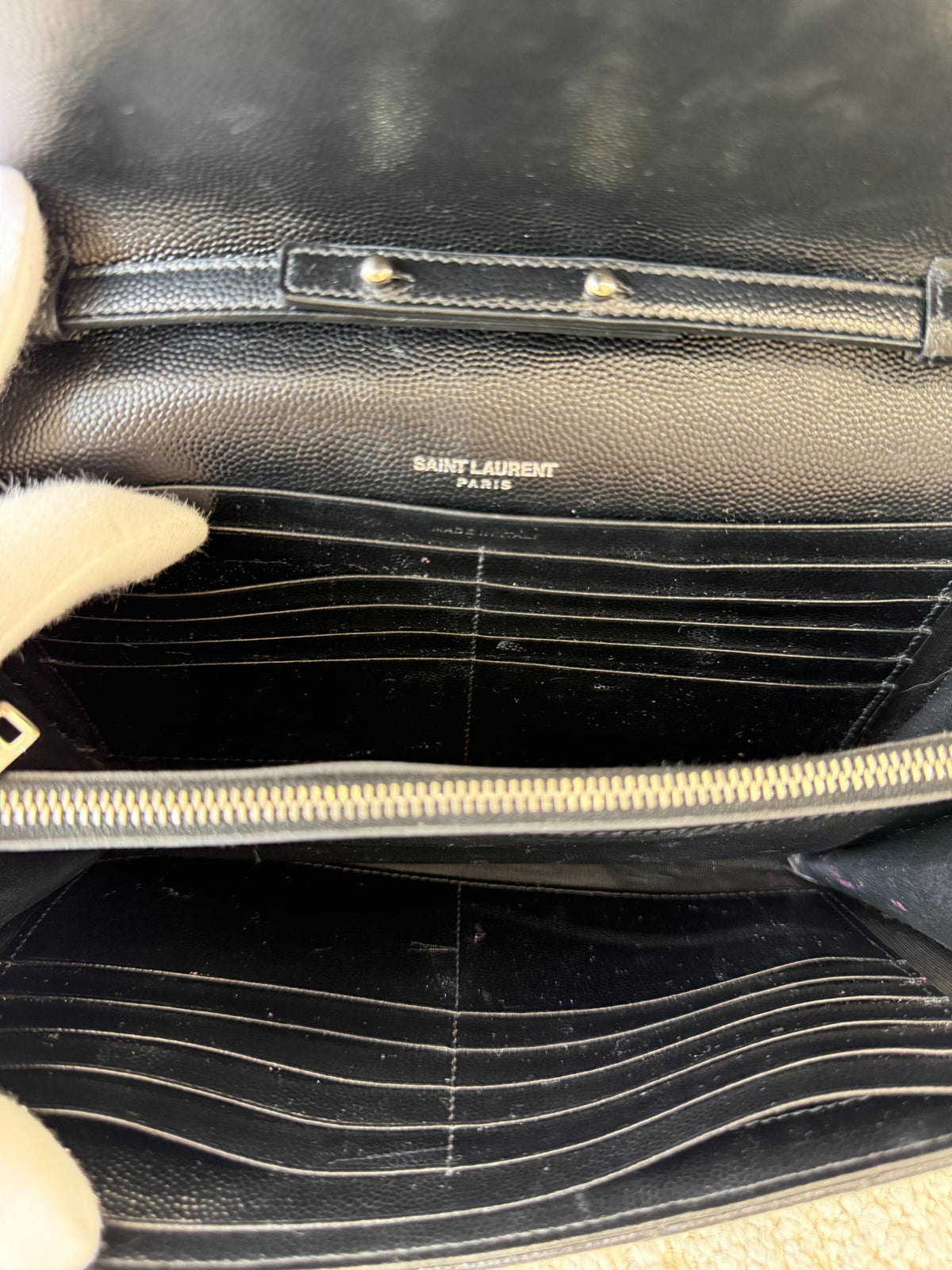 Saint Laurent Cassandre Envelope Black Grain De Poudre Leather Wallet on Chain
