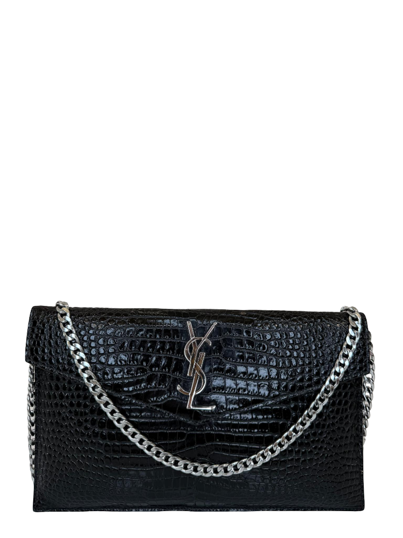 Saint Laurent Black Croc Embossed Leather Medium Uptown Pouch