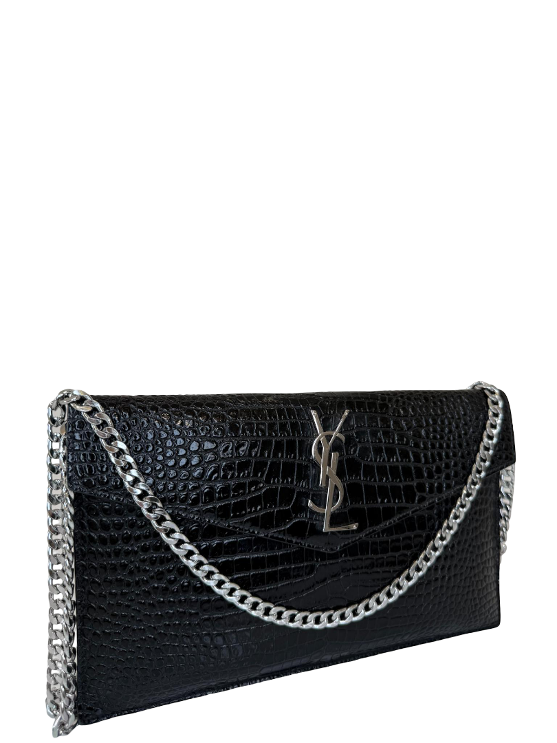 Saint Laurent Black Croc Embossed Leather Medium Uptown Pouch