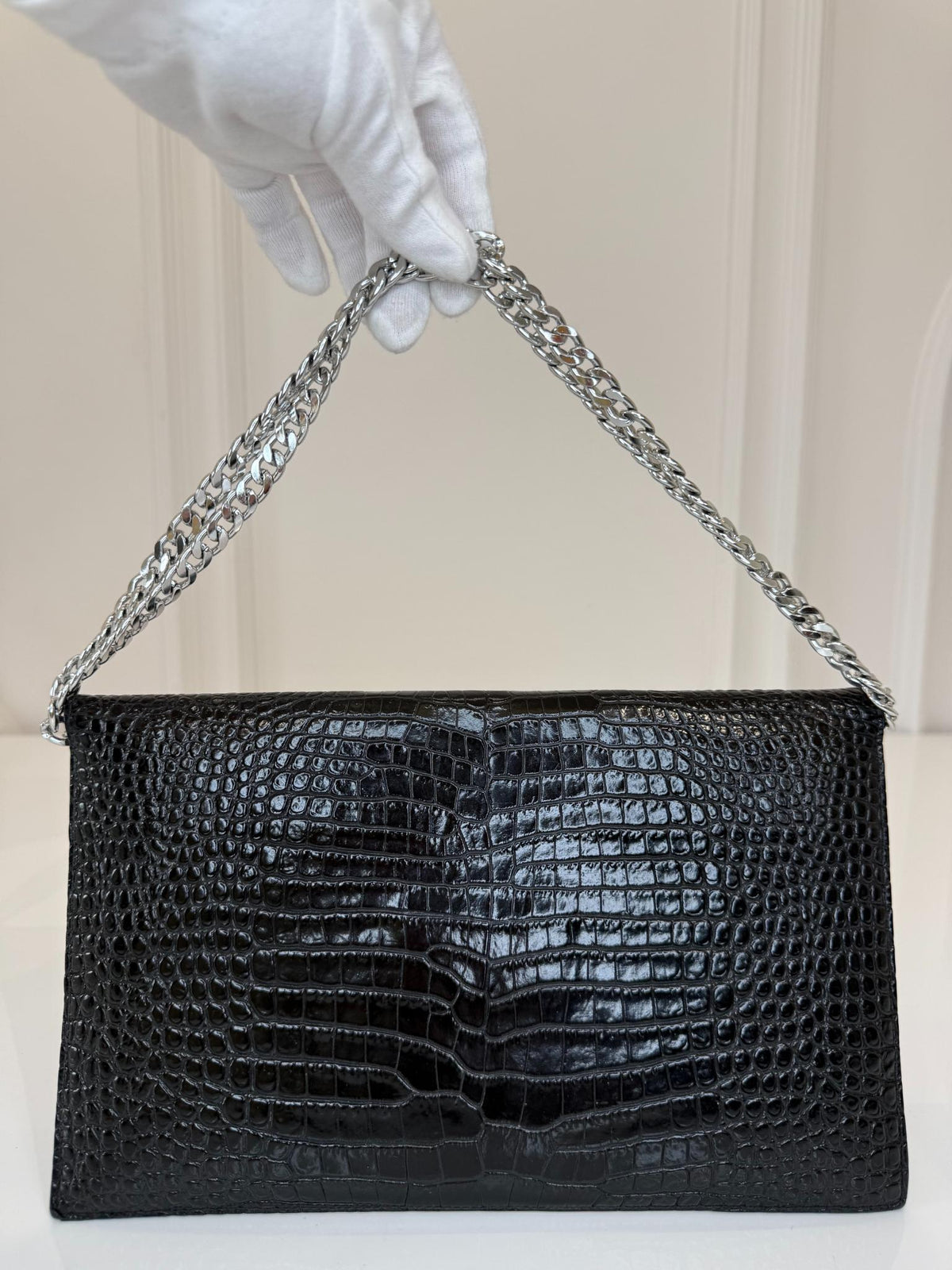 Saint Laurent Black Croc Embossed Leather Medium Uptown Pouch