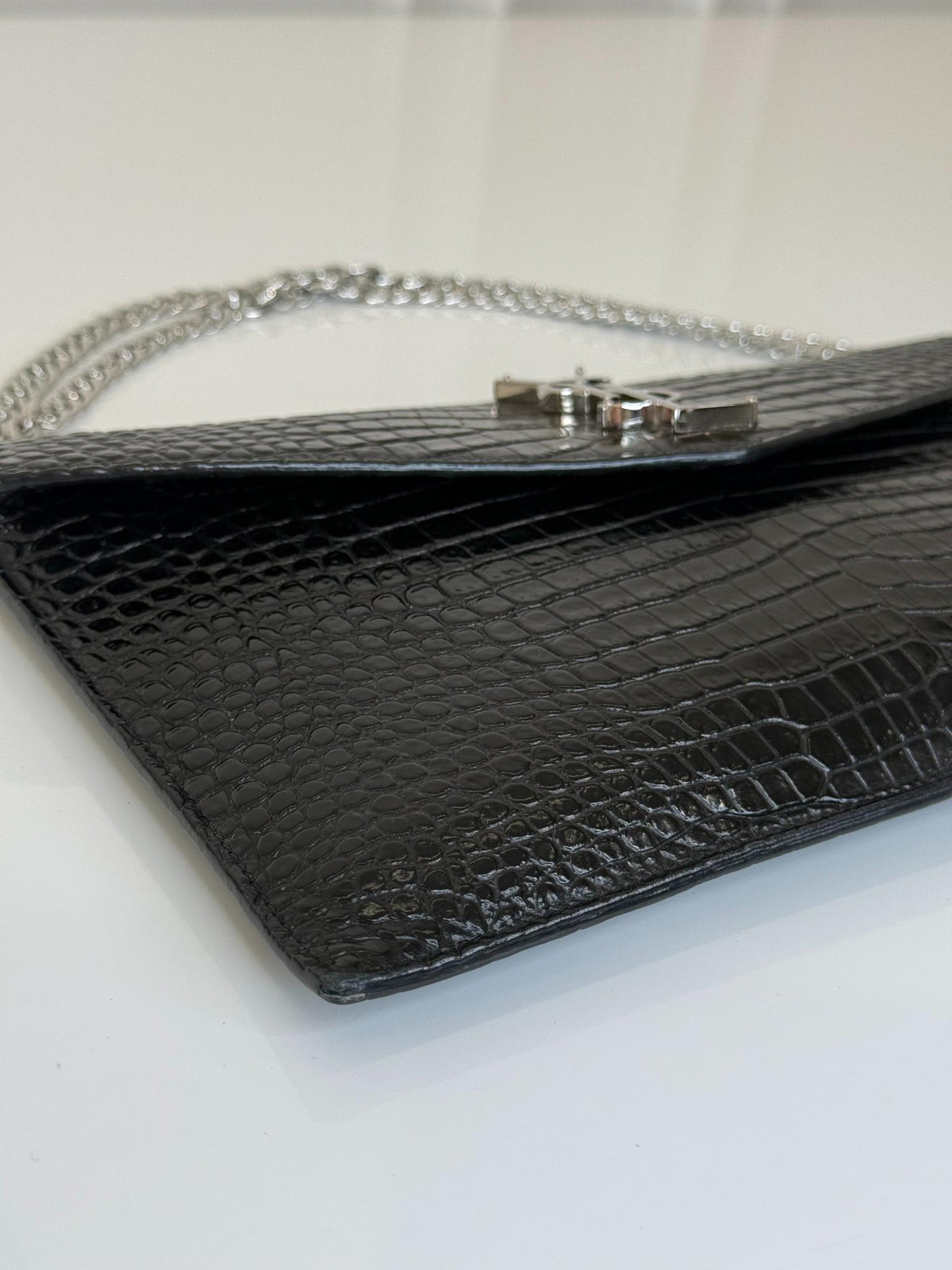 Saint Laurent Black Croc Embossed Leather Medium Uptown Pouch