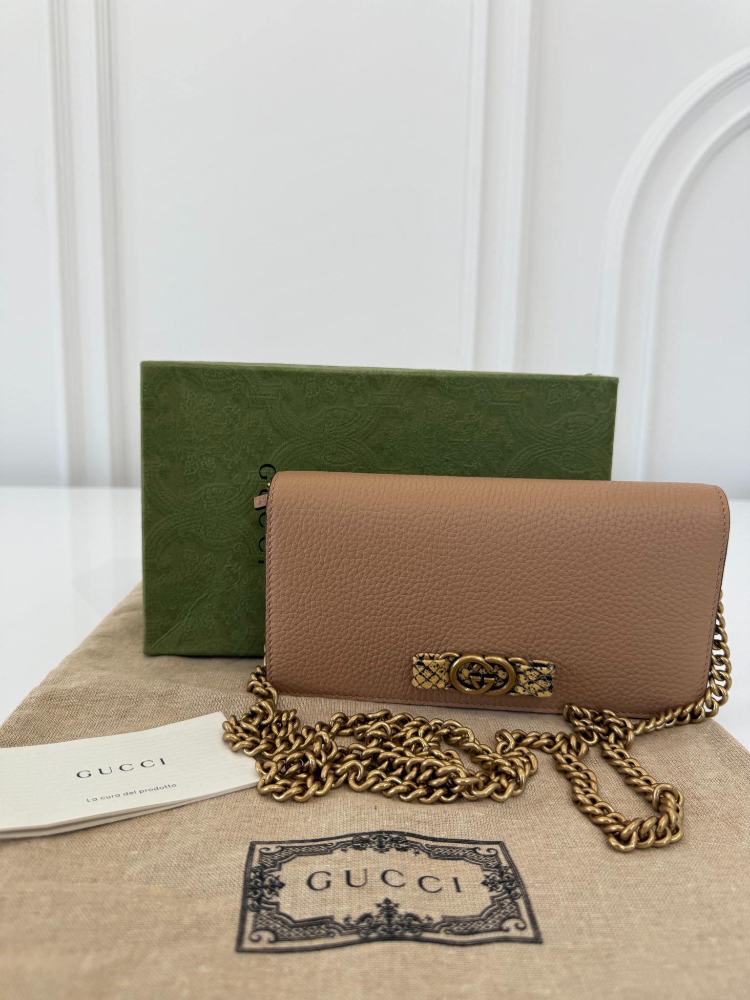 Gucci Interlocking G Python Bow Beige Leather Wallet on Chain