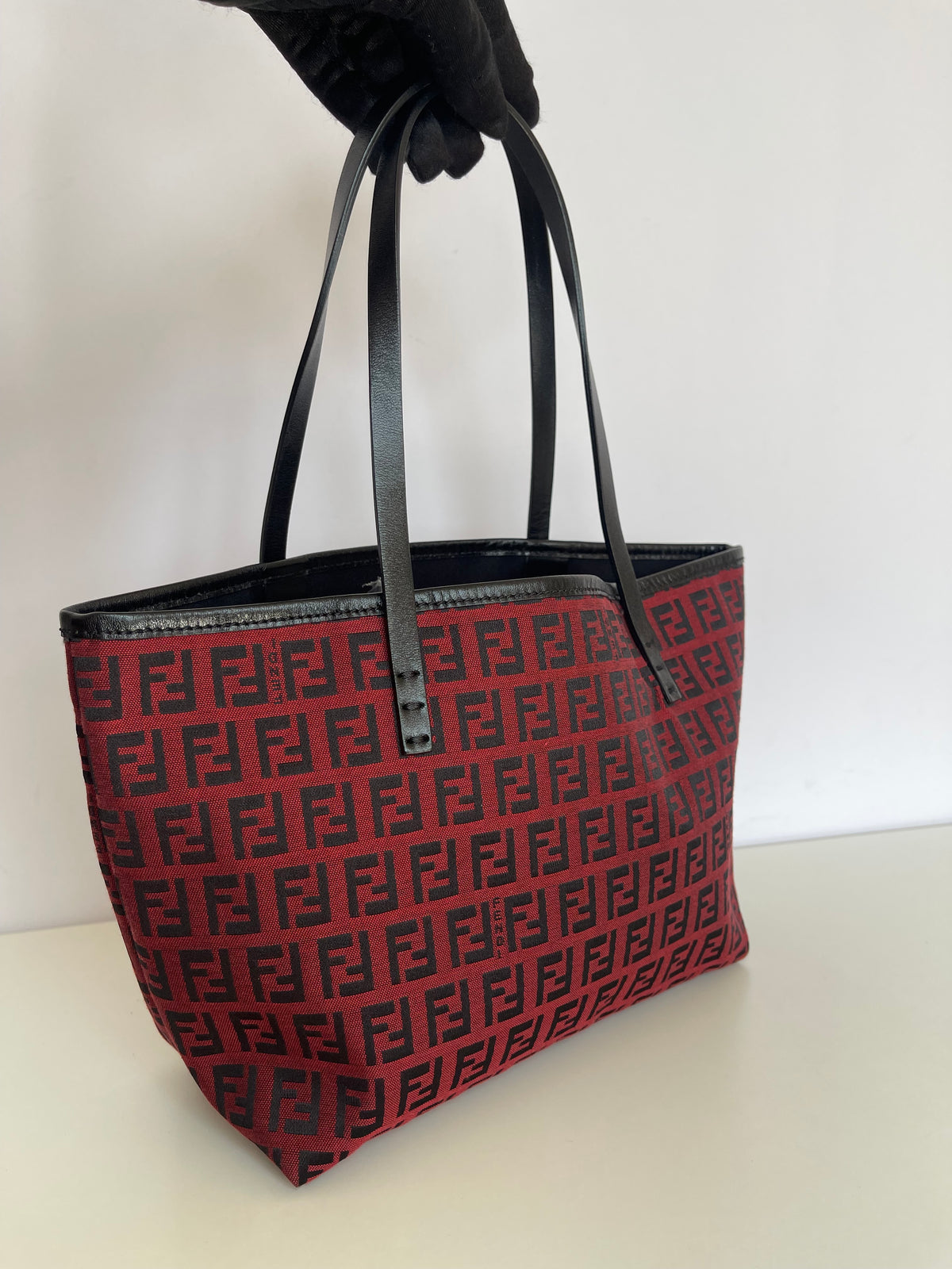 Fendi Red/Black Zucchino Canvas Mini Roll Tote with Pouch