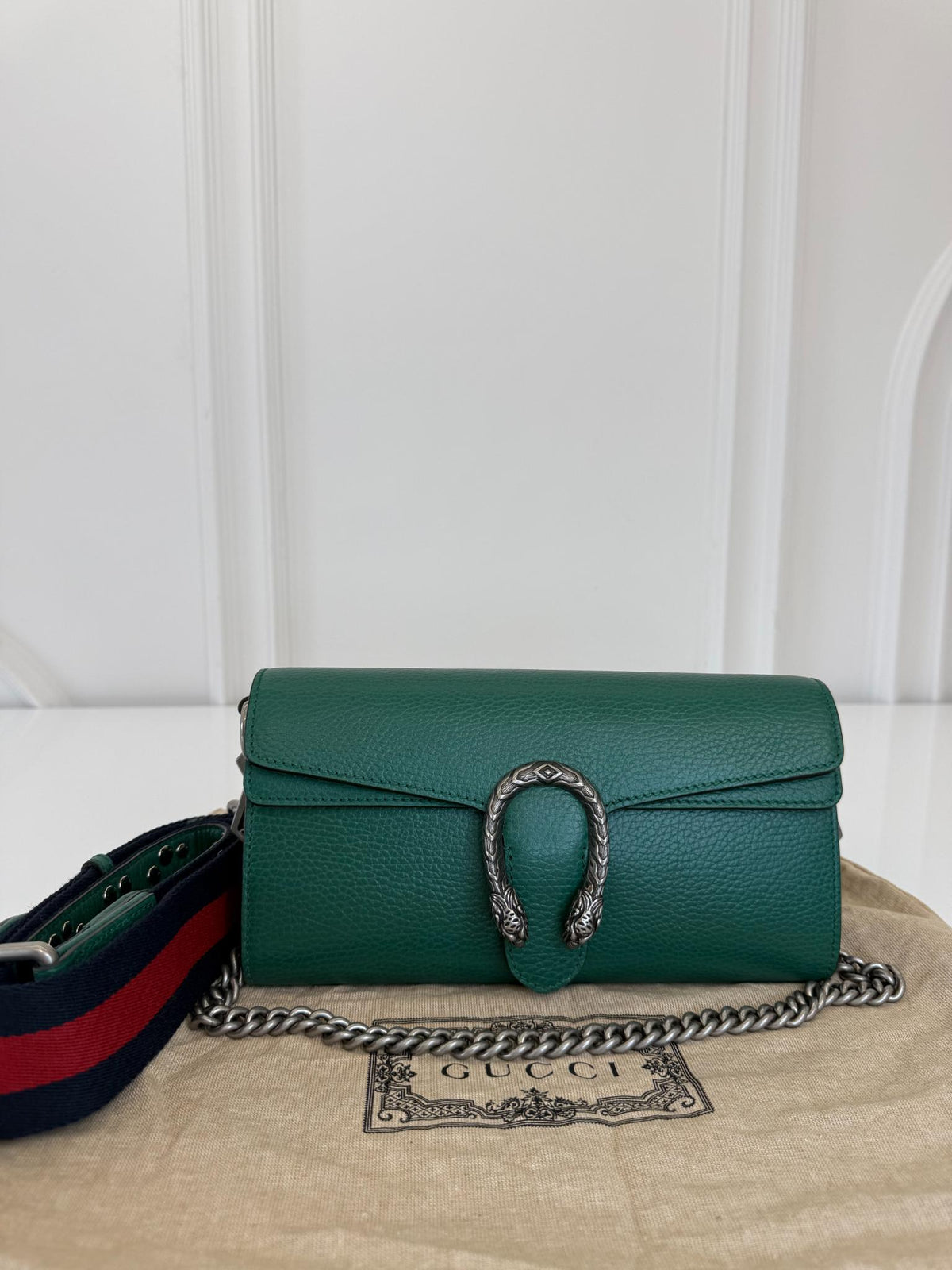 Gucci Dionysus East-West Small Emerald Leather Bag With Web Studded Strap