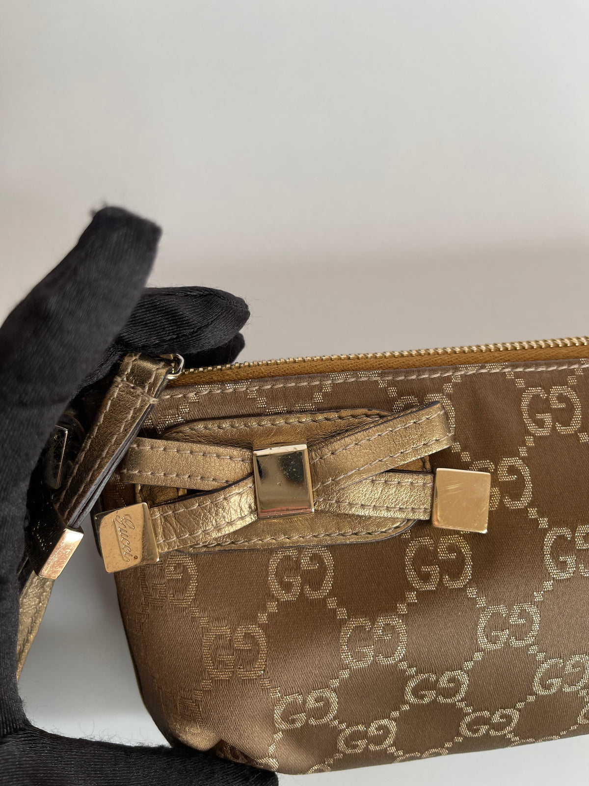 Gucci Brown GG Nylon and Leather Princy Wristlet Clutch