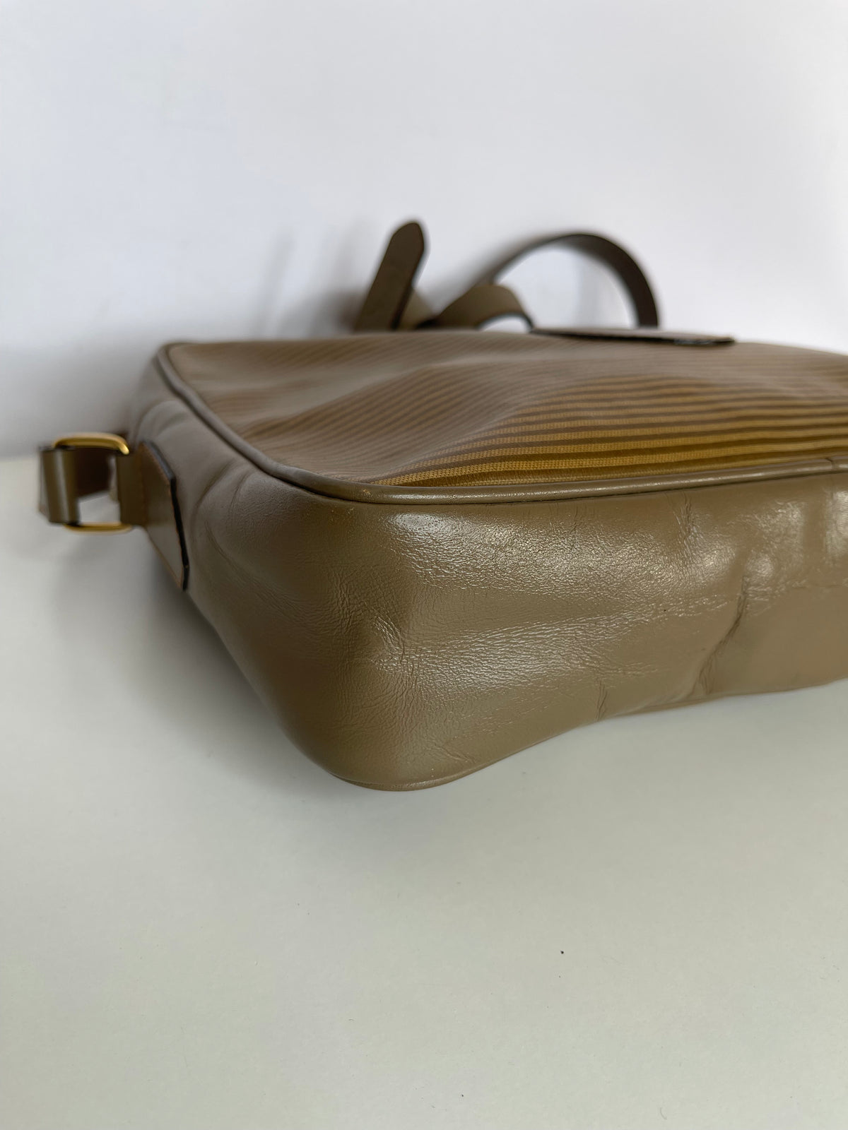 Yves Saint Laurent Striped Coated Canvas Shoulder Bag Beige
