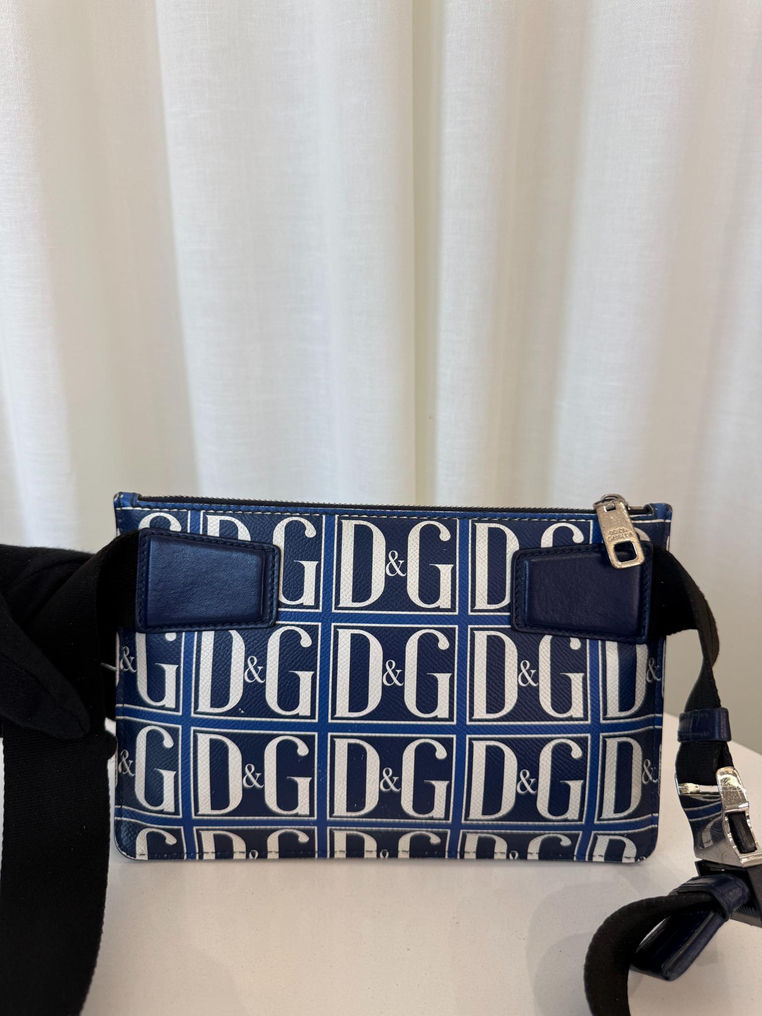 Dolce Gabbana DG Navy/White Grid Logo Print Men's Pouch
