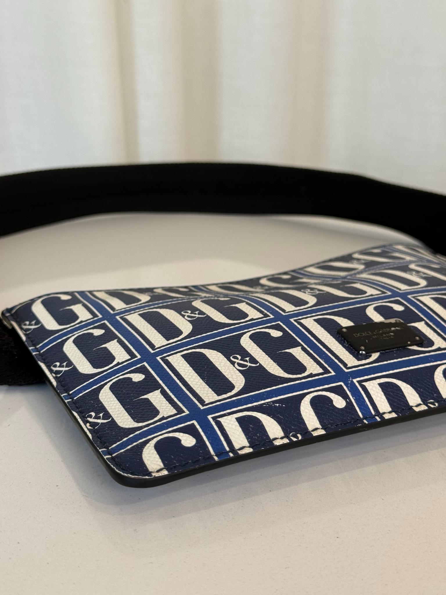 Dolce Gabbana DG Navy/White Grid Logo Print Men's Pouch